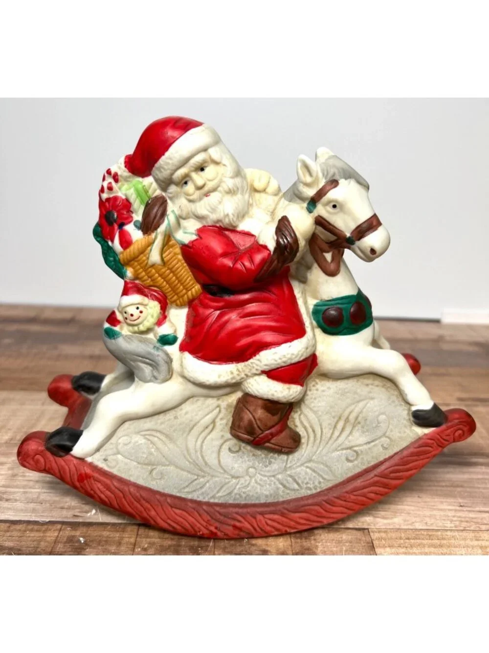 Vintage Santa Claus Rocking Horse Ceramic Figurine Christmas Decor Plays Music